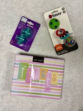 Baby Firsts Photo Album Bundle with Sassy Rattle + Avent Pacifier 0-3m